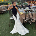 Damen elegantes langärmliges Kleid mit hochgeschlossenem Design und grafischem Punkte-Muster EB