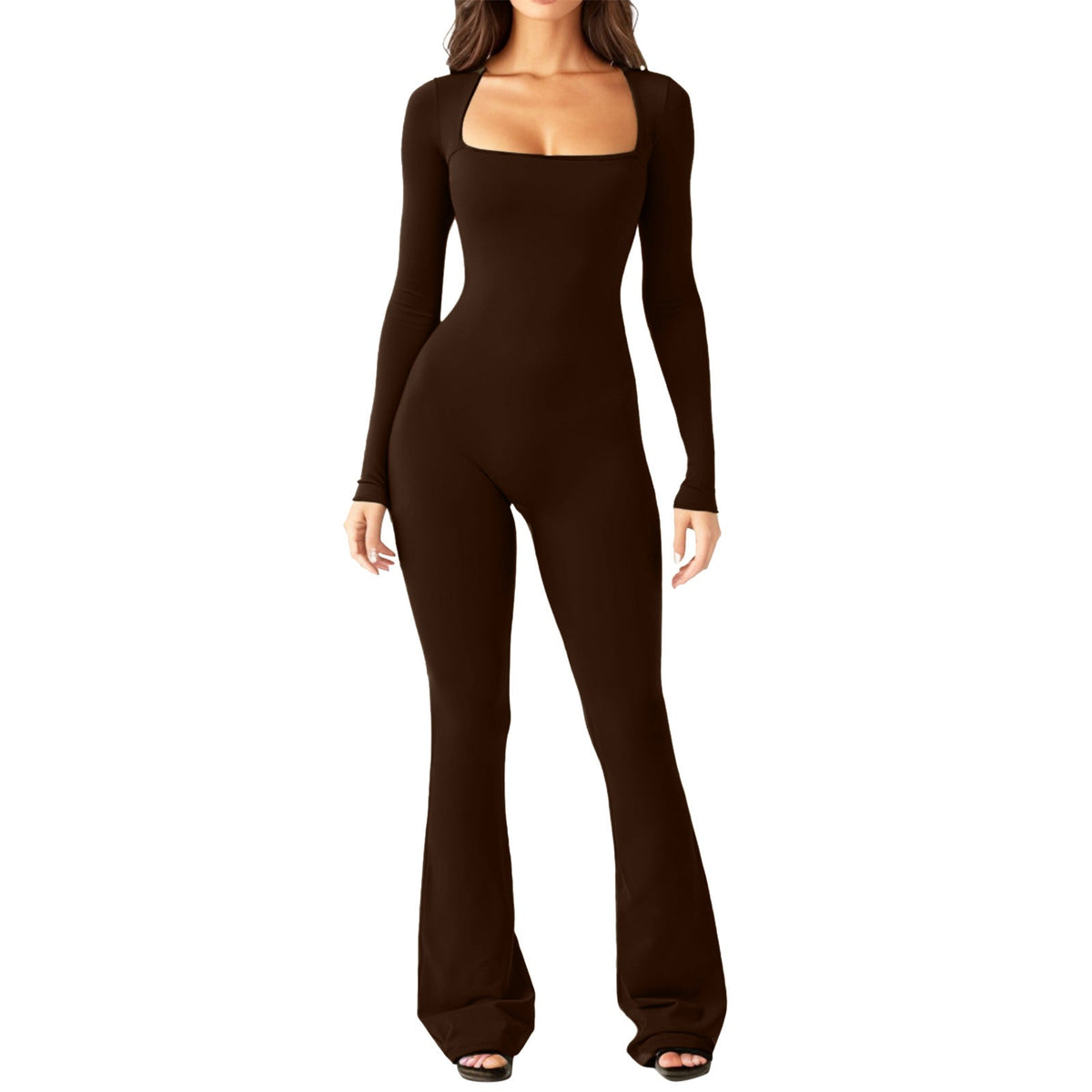 Damen Eleganter Langarm-Jumpsuit mit weitem Bein und tiefem Ausschnitt EB