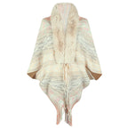 Damen eleganter Poncho mit luxuriösem Kunstfellkragen und fransigem Saum EB