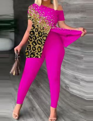 Damen Einseitig Off-Shoulder Jumpsuit mit Animal-Print und funkelnden Akzenten EB