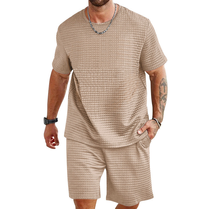 Herren nan Waffelstruktur Wohn- und Freizeit-Set mit weit geschnittenem Kurzarmshirt und kurzer Hose mit elastischem Bund EB