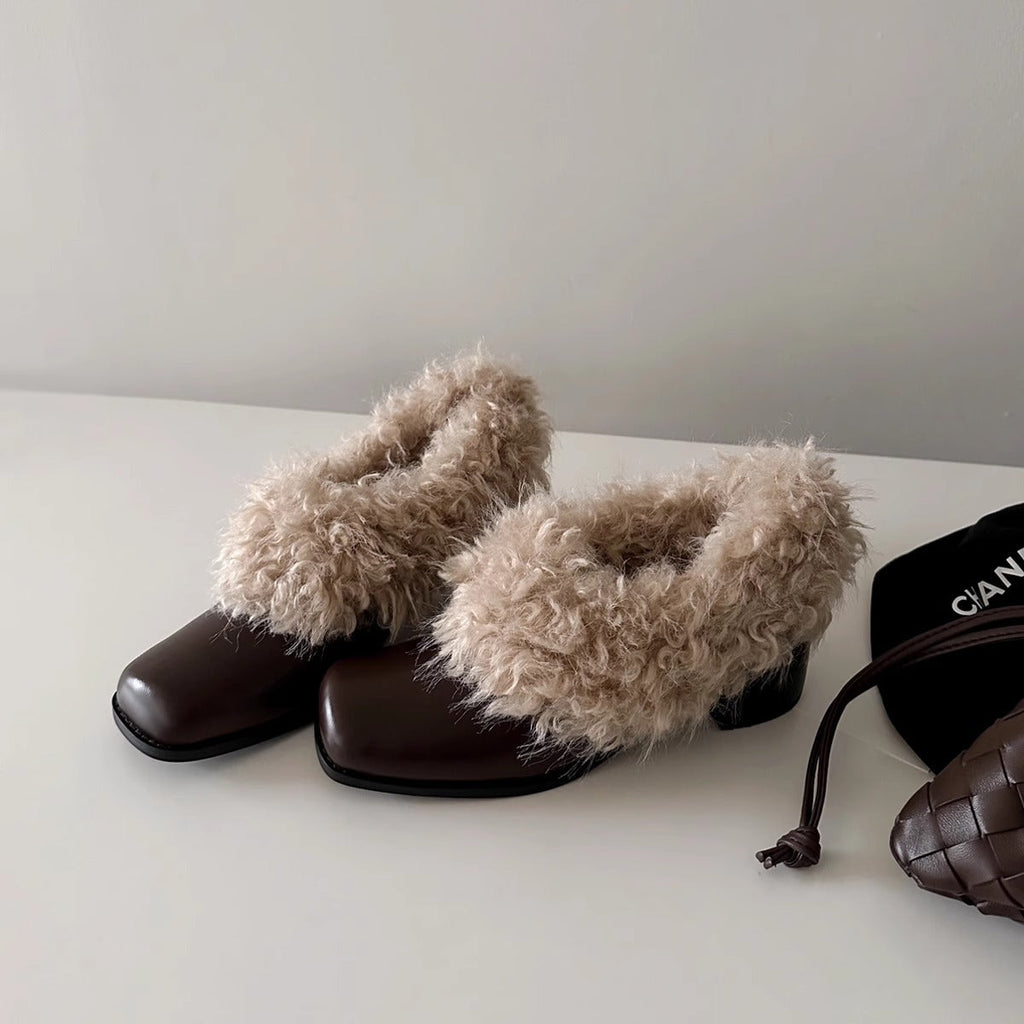 Damen Elegante Booties mit luxuriösem Fellrand und stabilem Blockabsatz EB