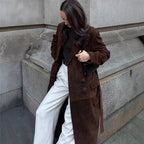 Damen Eleganter Wildledermantel mit Taillengürtel EB