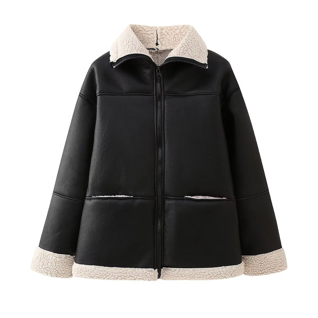 Damen Kunstlederjacke mit weichem Teddyfutter und praktischen Taschen EB
