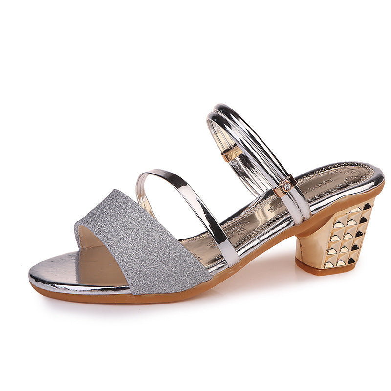 Damen elegante Absatzsandalen mit glitzernder Applikation und modischem Blockabsatz EB