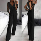 Damen Eleganter Jumpsuit mit transparenten Ärmeln und funkelnden Details EB