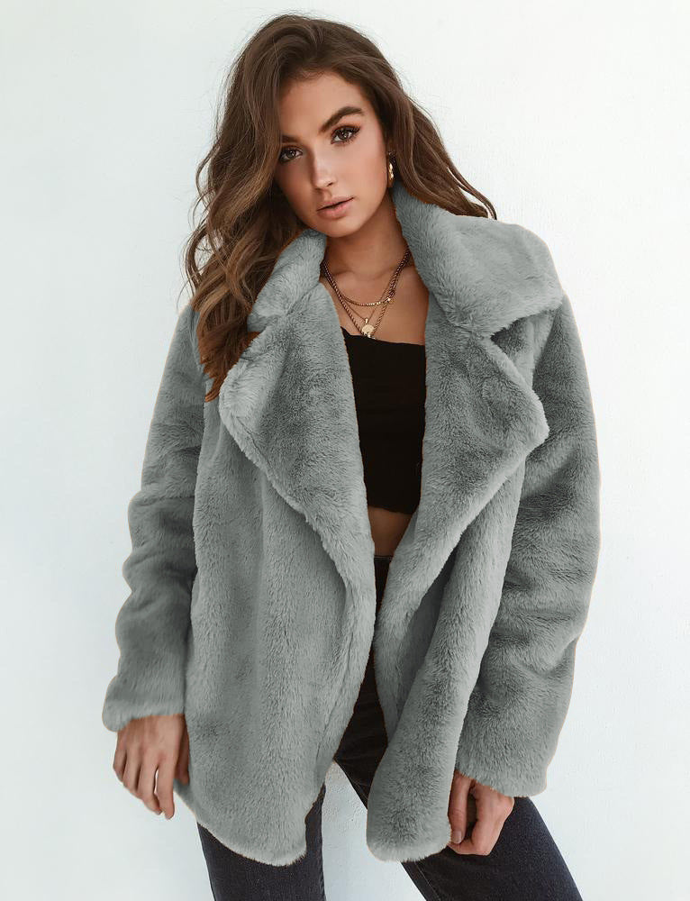 Damen Fleece-Mantel mit weitem Kragen und modischem Schnitt EB