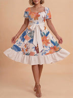 Damen A-Linien-Kleid mit floralen Motiven und taillierbarem Gürtel EB