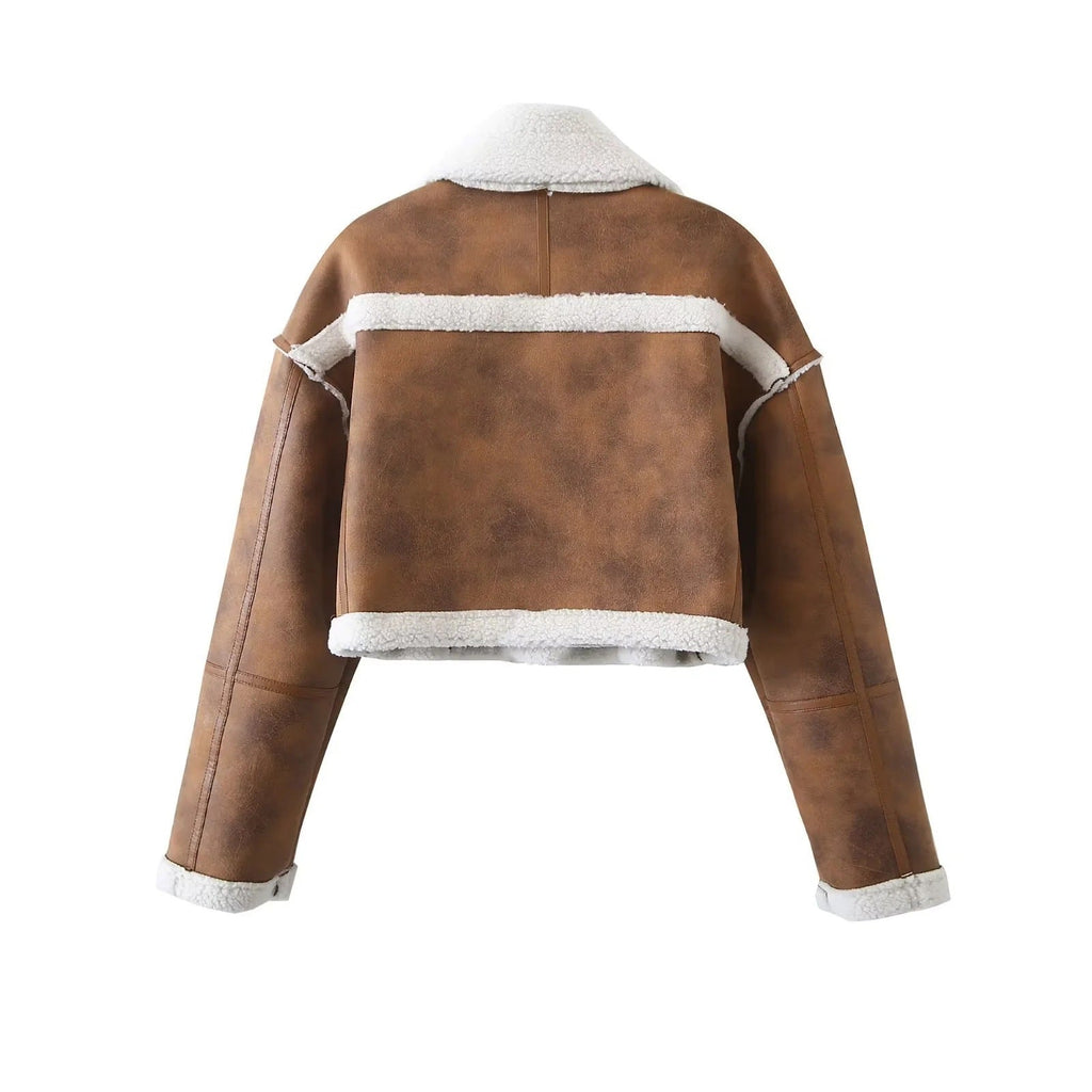 Damen cropped Kunstlederjacke mit kuscheligem Teddyfutter und praktischen Taschen EB