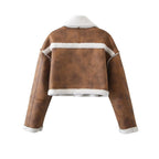Damen cropped Kunstlederjacke mit kuscheligem Teddyfutter und praktischen Taschen EB