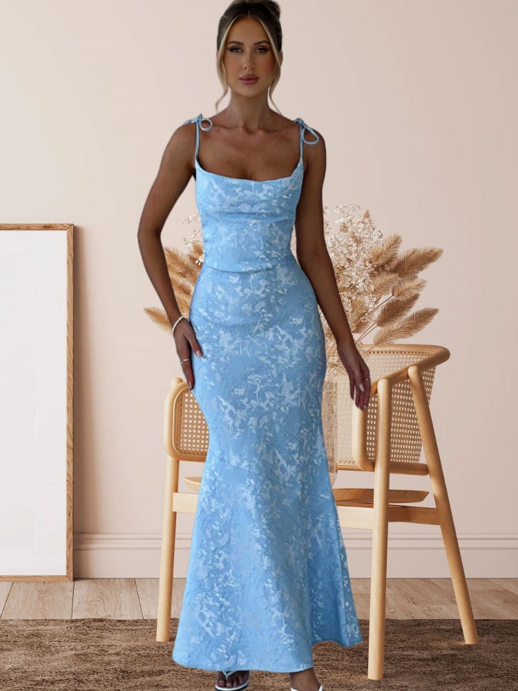 Damen Elegantes Langarm Abendkleid mit floralem Jacquard-Muster und zartem Rückenausschnitt EB