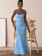 Damen Elegantes Langarm Abendkleid mit floralem Jacquard-Muster und zartem Rückenausschnitt EB