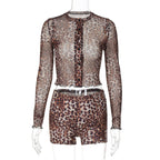 Damen Transparente Leopardenmuster Bluse und Short Set EB