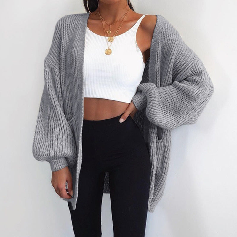Damen Grober Strickcardigan mit ballonförmigen Ärmeln und lässigem Schnitt EB