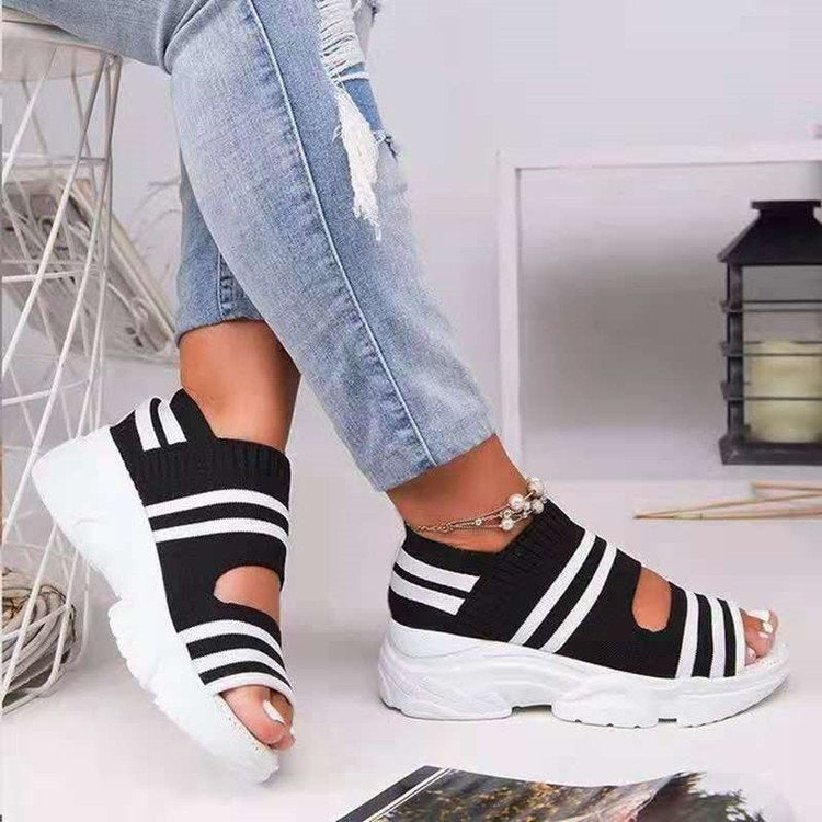 Damen atmungsaktive Freizeitschuhe mit offenen Zehen und elastischem Obermaterial EB