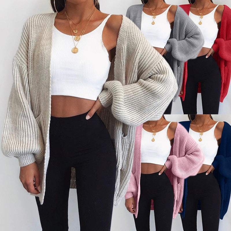 Damen Grober Strickcardigan mit ballonförmigen Ärmeln und lässigem Schnitt EB