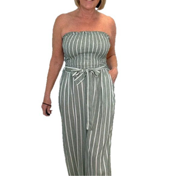 Damen Eleganter Jumpsuit mit gestreiftem Design und Gürtel EB