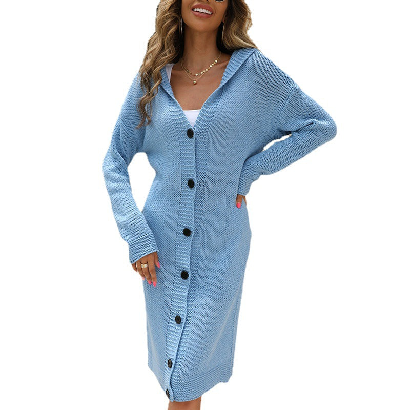 Damen Oversized Strickmantel mit Kapuze und Knopfverschluss EB