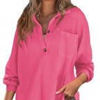 Damen lässiges Waffle-Shirt mit Stehkragen und Knopfleiste EB
