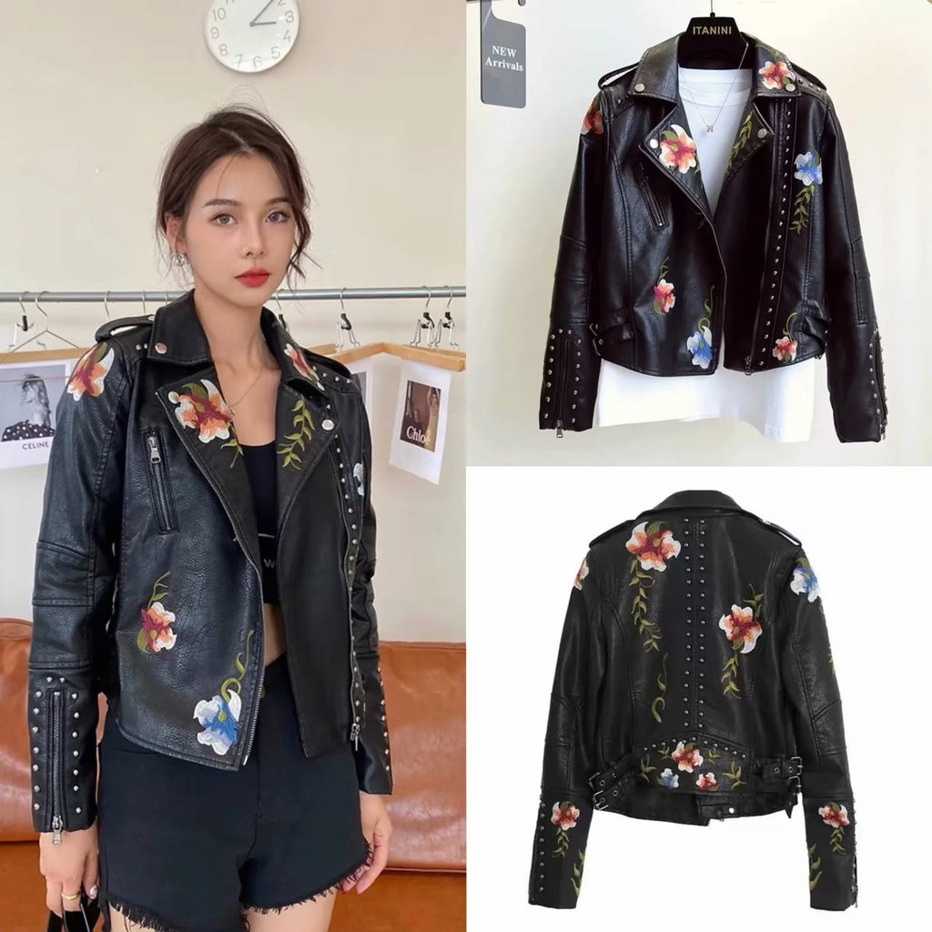 Damen kunstleder Bikerjacke mit floralem Stickdesign und Nietenverzierungen EB