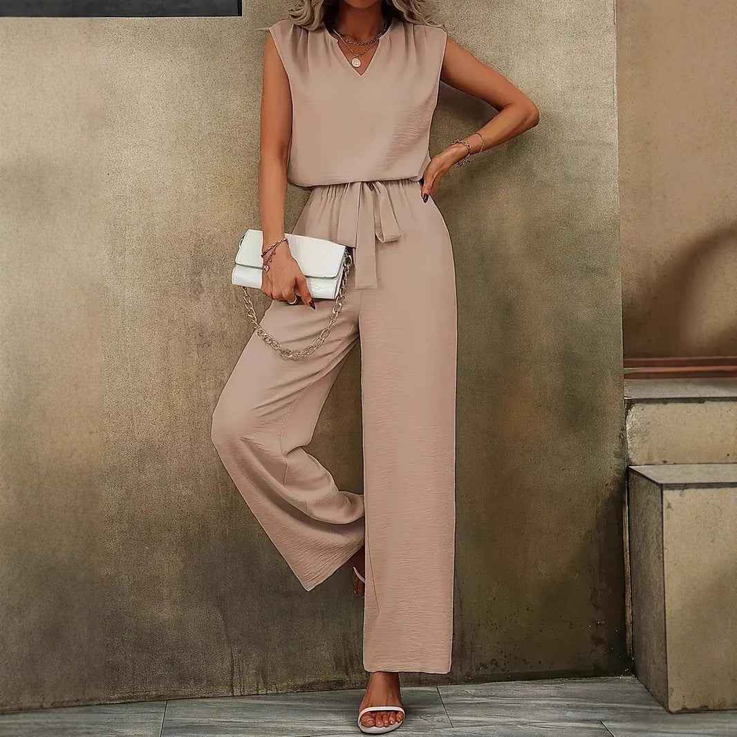 Eleganter Damen-Jumpsuit mit V-Ausschnitt und Taillenknoten