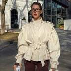 Damen elegante Utility-Jacke mit hochgeschlossenem Kragen und Taillengürtel EB