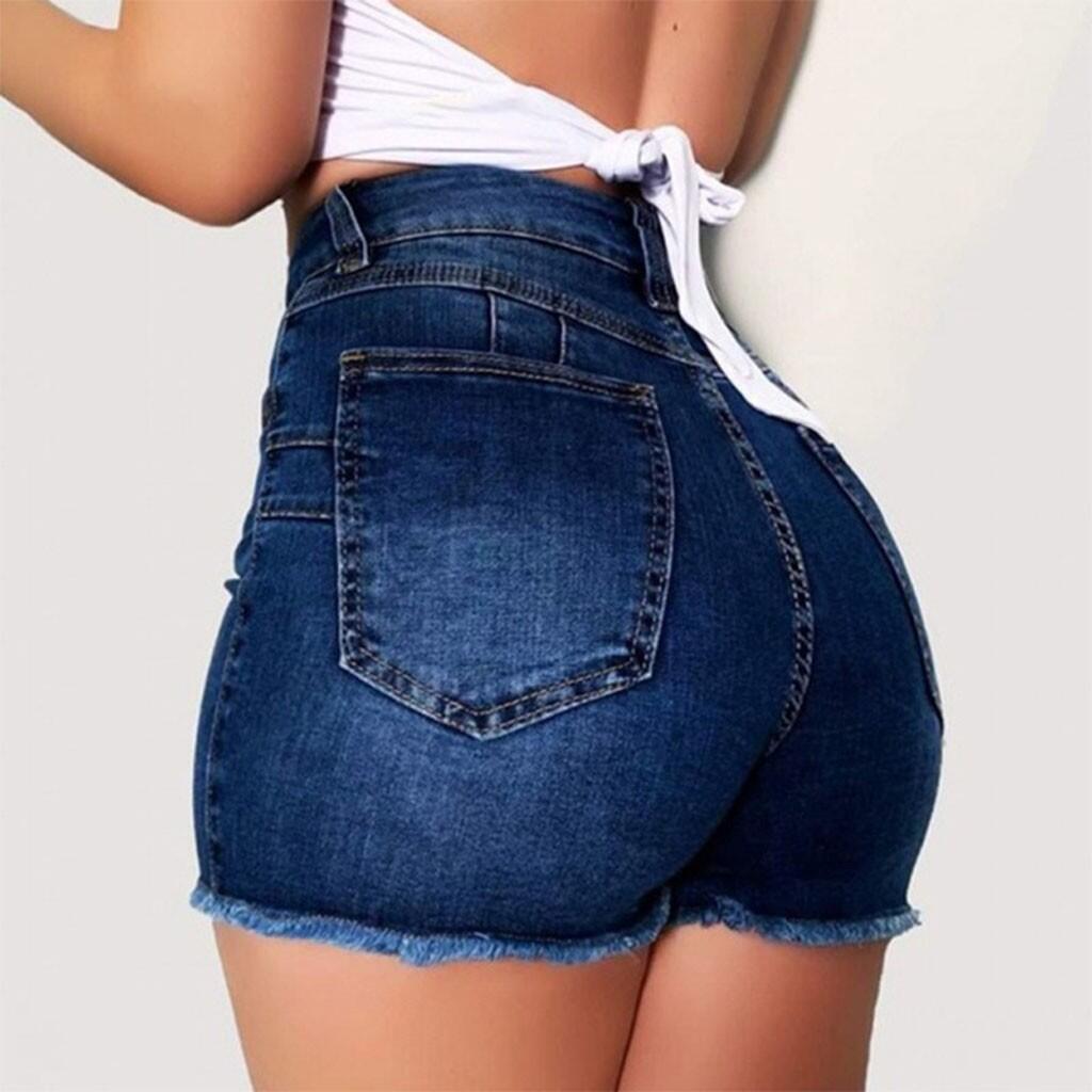 Damen Hoch taillierte Denim-Shorts mit fransigem Saum und figurschmeichelndem Schnitt EB
