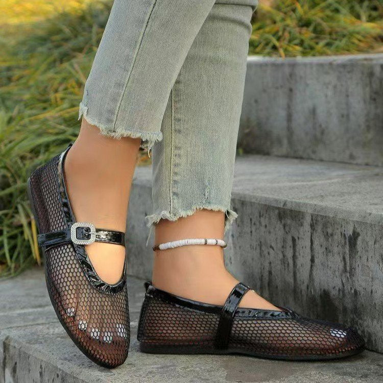 Damen Ballerinas mit modischem Netzdesign und dekorativem Riemchen EB