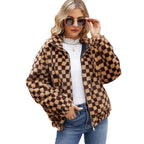Damen Fleecejacke mit modernem Karomuster und hohem Kragen EB