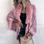 Damen eleganter Poncho mit luxuriösem Kunstfellkragen und fransigem Saum EB