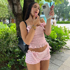 Damen Set aus gerafftem Top und Shorts mit Schleifen EB
