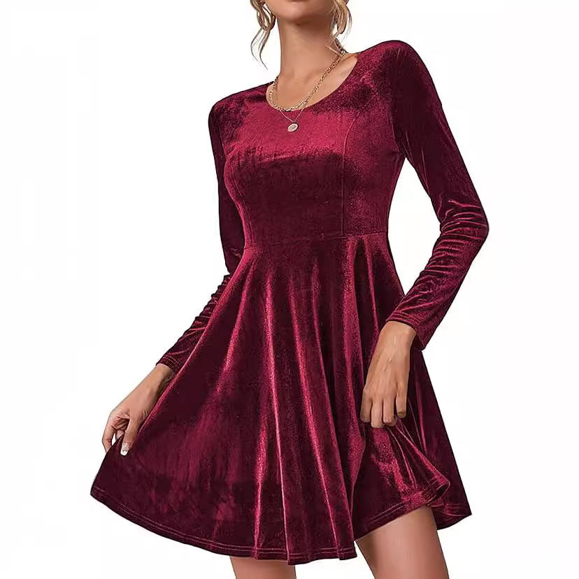 Damen A-Linien Kleid aus samtiger Qualität mit langen Ärmeln und Rundhalsausschnitt EB