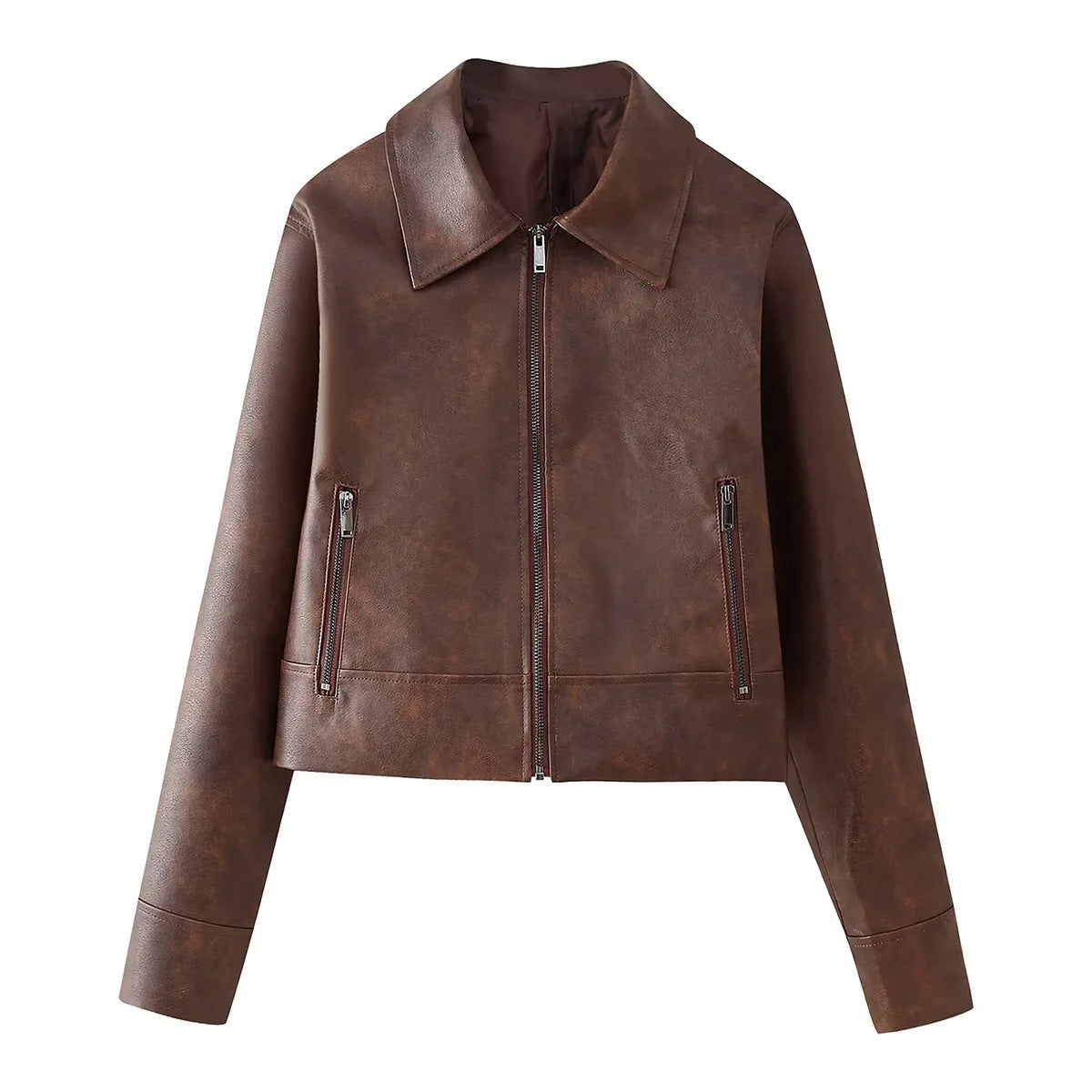 Women's short-cut faux leather jacket with zipper, pointed collar, and zippered pockets Mune Fashion