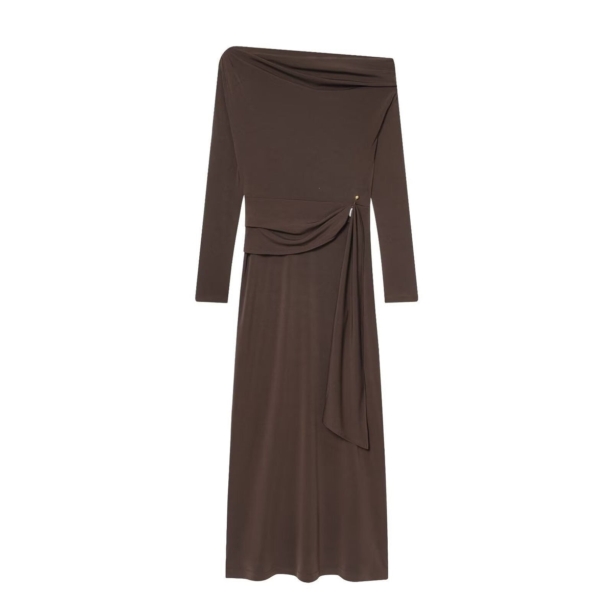 Damen elegantes Maxikleid mit asymmetrischem Ausschnitt und dekorativer Drapierung EB