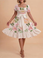 Damen A-Linien-Kleid mit floralen Motiven und taillierbarem Gürtel EB