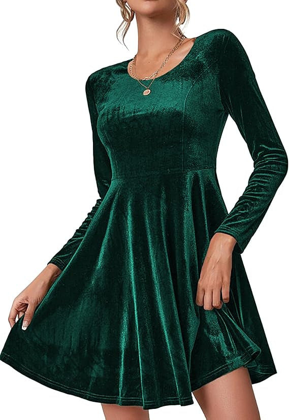 Damen A-Linien Kleid aus samtiger Qualität mit langen Ärmeln und Rundhalsausschnitt EB