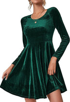 Damen A-Linien Kleid aus samtiger Qualität mit langen Ärmeln und Rundhalsausschnitt EB