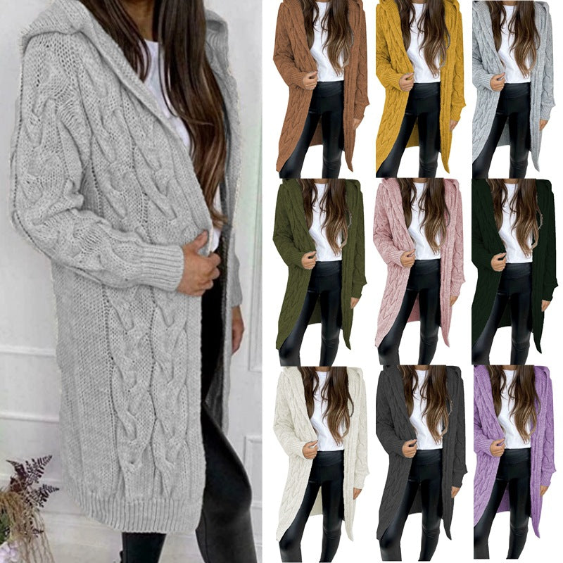 Damen Langer Strickmantel mit strukturiertem Zopfdesign und praktischer Kapuze EB