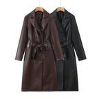 Damen Kunstleder Trenchcoat mit Taillengürtel und eleganter Taschennaht EB