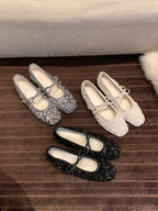 Damen Ballerinas mit glitzerndem Paillettenbesatz und weichem Riemendesign EB