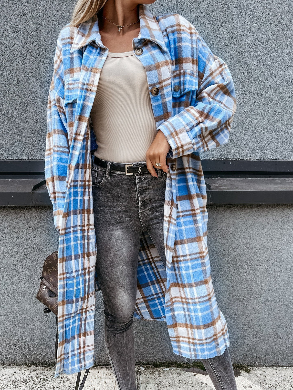 Damen Karierter Hemdblusenmantel aus weichem Baumwollmix EB