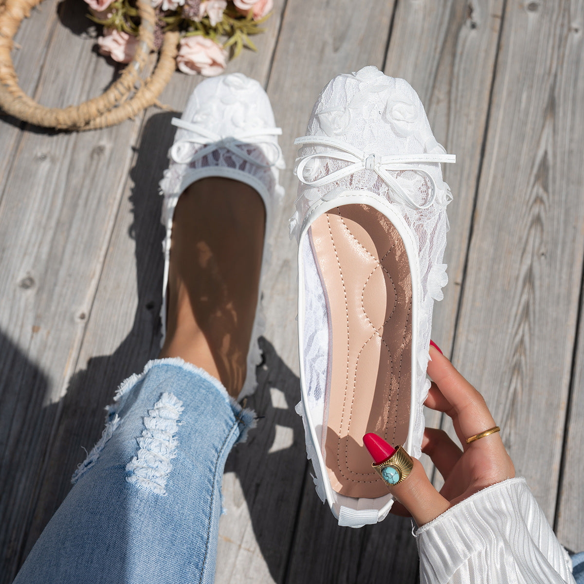 Damen elegante Ballerinas mit floralen Applikationen und rutschfester Sohle EB