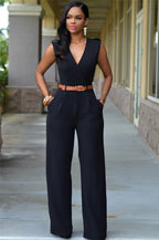 Damen Eleganter Wickel-Jumpsuit mit weitem Bein und Taillengürtel EB