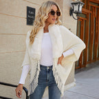 Damen luxuriöser Strickponcho mit elegantem Kunstfellkragen und Fransen EB