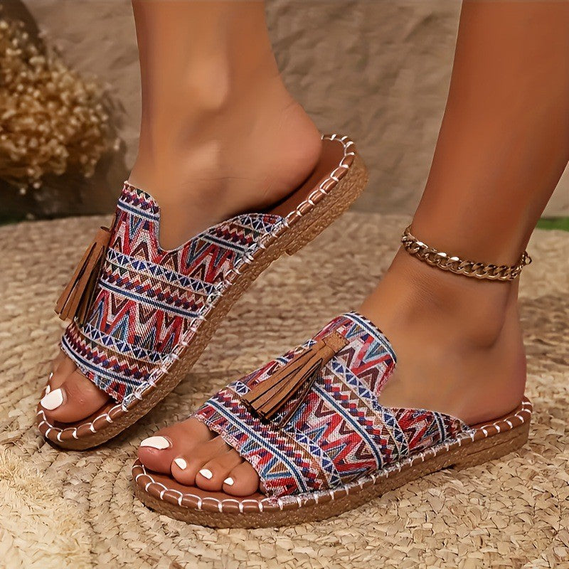 Damen bequeme Tangle-Sandalen mit buntem Stickdesign und Quasten EB
