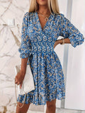 Damen Blumenkleid mit V-Ausschnitt und Puffärmeln EB