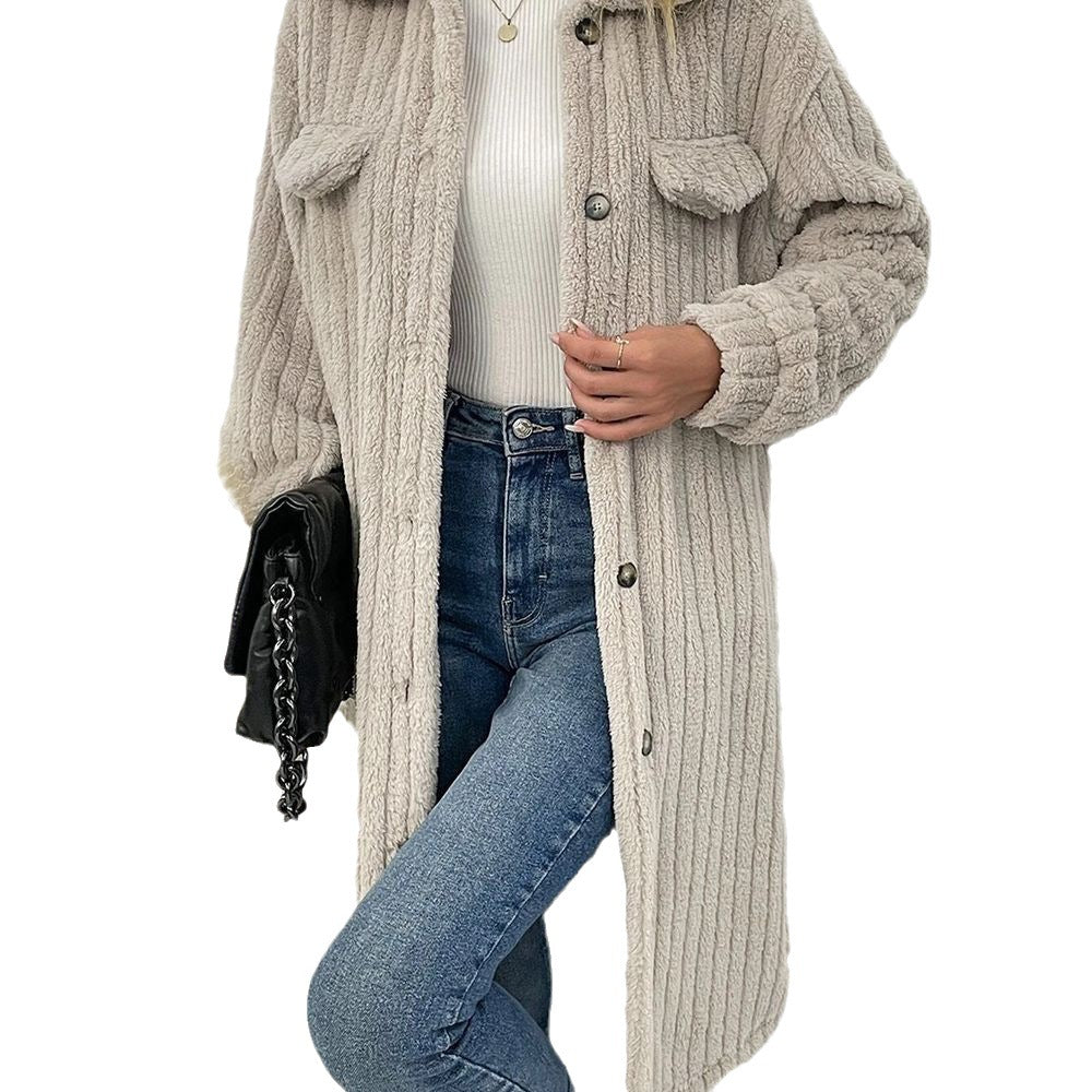 Damen nan langer Teddy-Mantel mit Schalkragen und aufgesetzten Brusttaschen EB