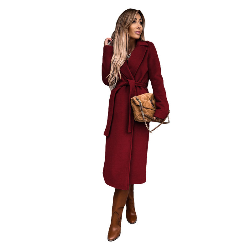 Damen Eleganter Wollmantel mit Taillengürtel und Schlitzdetails EB