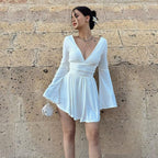 Damen elegantes Kleid mit tiefem V-Ausschnitt und langen Ärmeln EB
