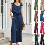 Damen-Crinkle-Jumpsuit mit weitem Bein, elastischem Bund und gerüschten Ärmeln